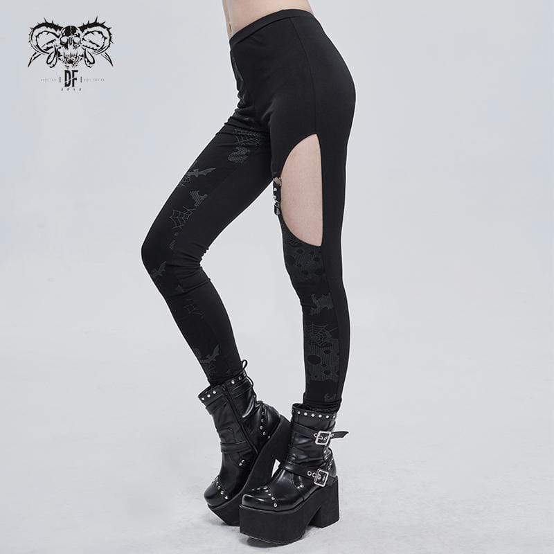 Gothic Cobweb Printed Cutout Pants