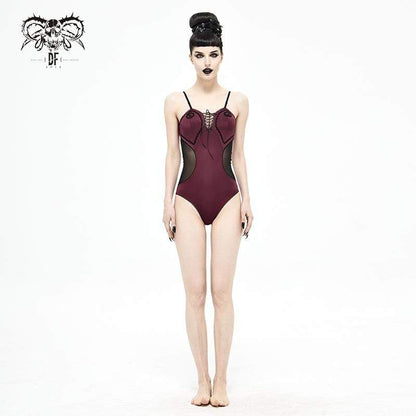 Gothic Wine Red One Piece Cutout Swimsuit with Black Straps