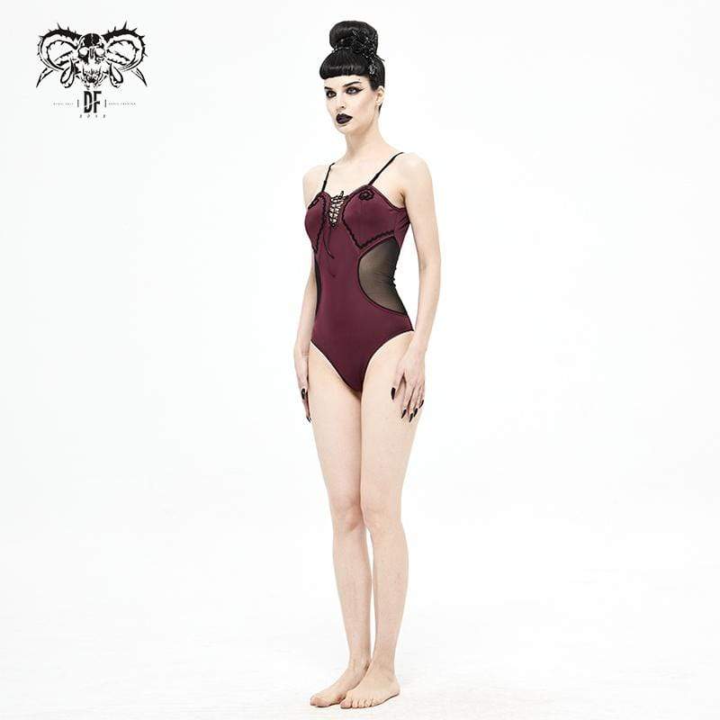Gothic Wine Red One Piece Cutout Swimsuit with Black Straps