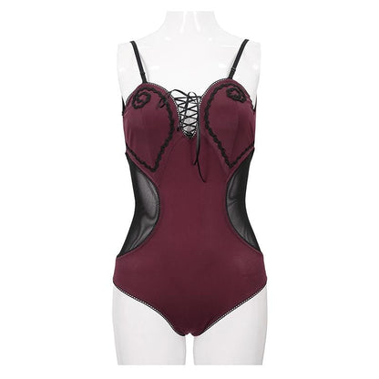 Gothic Wine Red One Piece Cutout Swimsuit with Black Straps