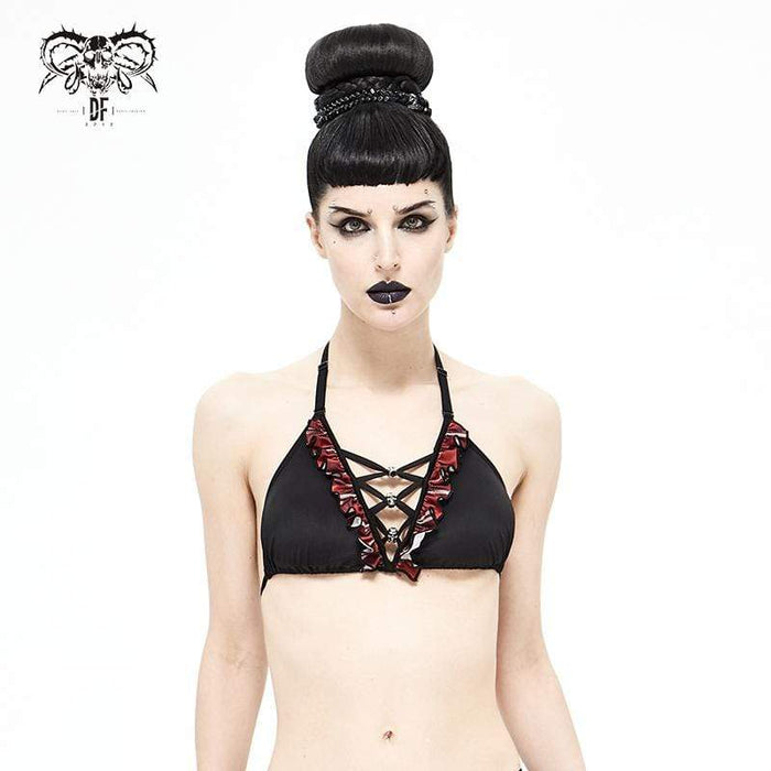 Grunge Black Halterneck Bikini Top with Scottish Check Ruffles