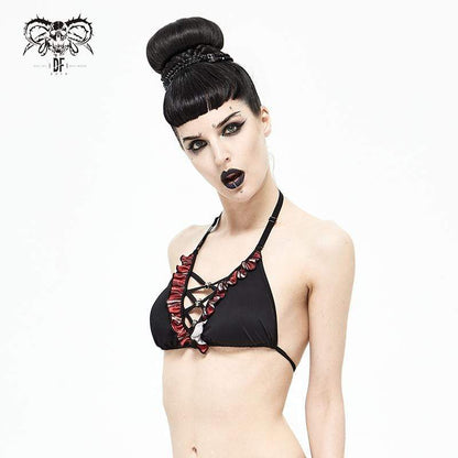 Grunge Black Halterneck Bikini Top with Scottish Check Ruffles