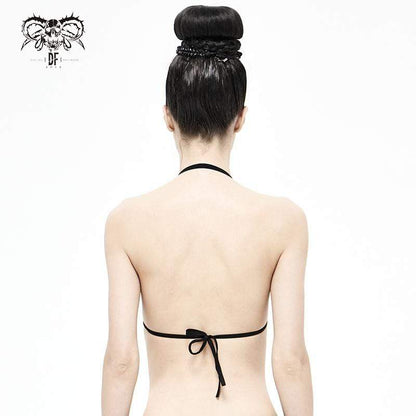 Grunge Black Halterneck Bikini Top with Scottish Check Ruffles