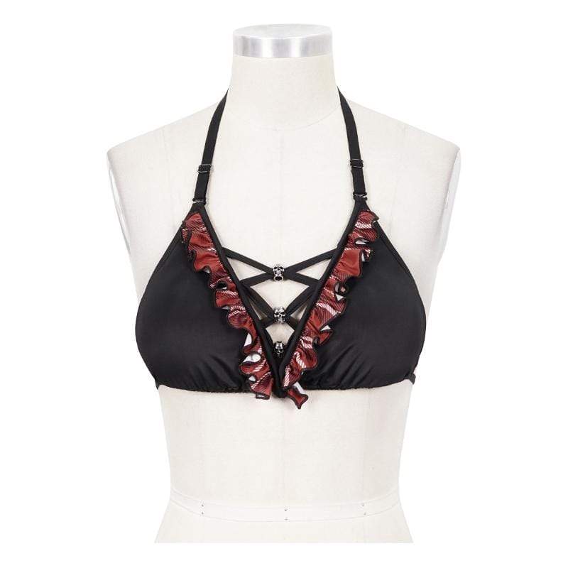 Grunge Black Halterneck Bikini Top with Scottish Check Ruffles