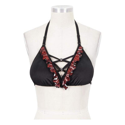Grunge Black Halterneck Bikini Top with Scottish Check Ruffles