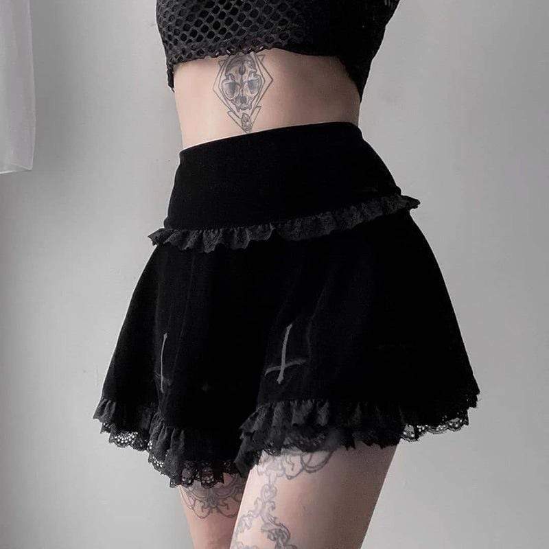 Goth Cross Lace Hem Velet Pleated Skirts