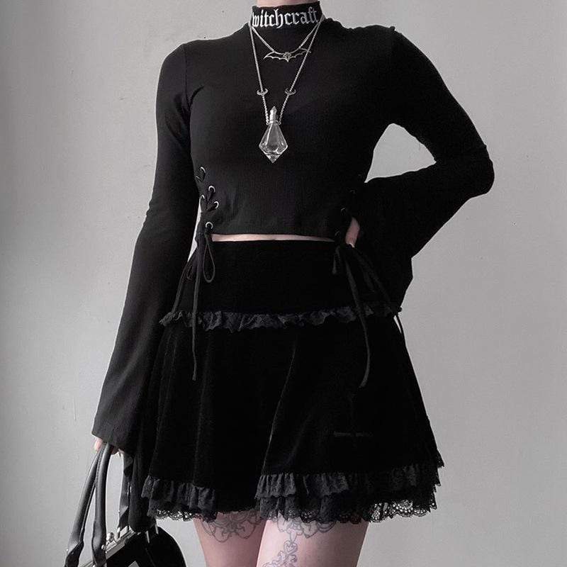 Goth Cross Lace Hem Velet Pleated Skirts