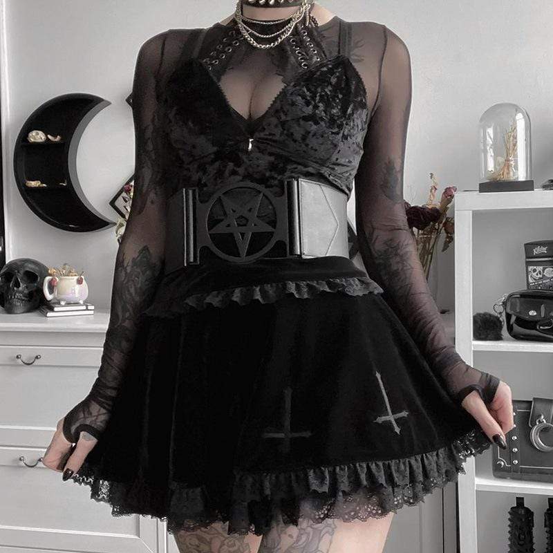 Goth Cross Lace Hem Velet Pleated Skirts