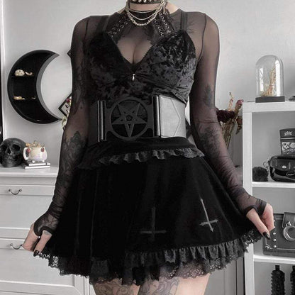 Goth Cross Lace Hem Velet Pleated Skirts