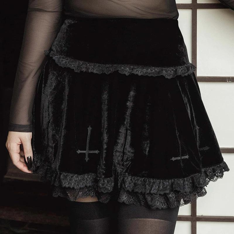 Goth Cross Lace Hem Velet Pleated Skirts