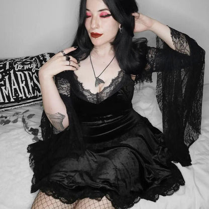 Goth Cross Lace Hem Velet Pleated Skirts