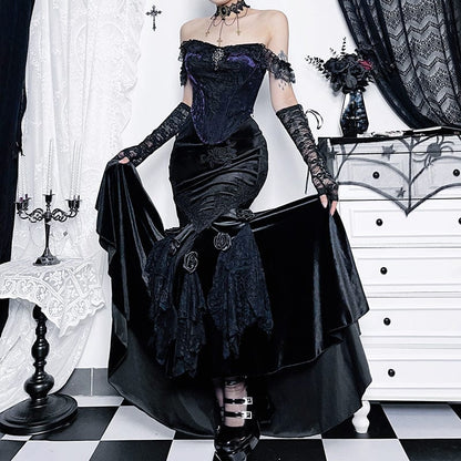 Gothic Black Rose Embroidered Fishtail Maxi Skirt