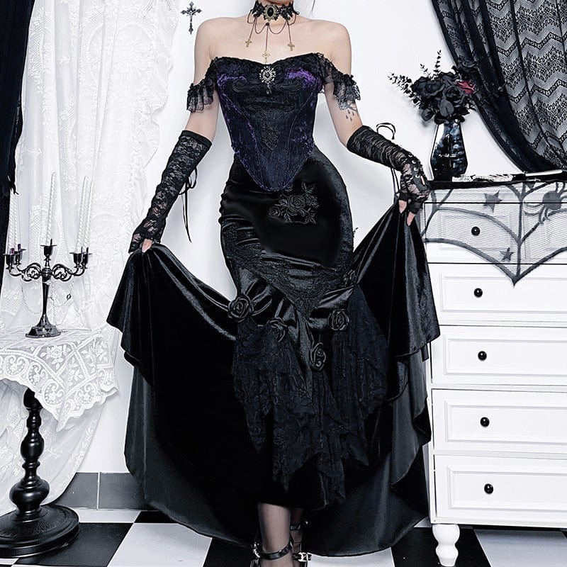 Gothic Black Rose Embroidered Fishtail Maxi Skirt