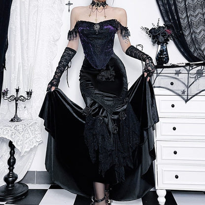 Gothic Black Rose Embroidered Fishtail Maxi Skirt