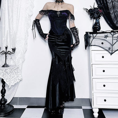 Gothic Black Rose Embroidered Fishtail Maxi Skirt
