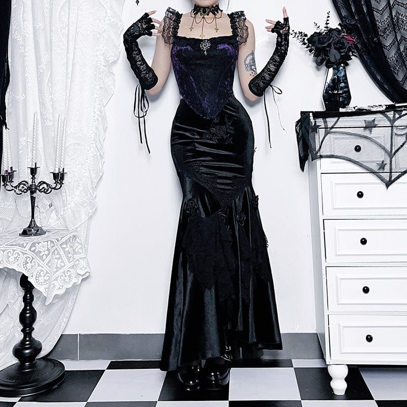 Gothic Black Rose Embroidered Fishtail Maxi Skirt