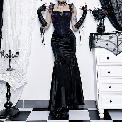 Gothic Black Rose Embroidered Fishtail Maxi Skirt