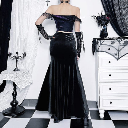 Gothic Black Rose Embroidered Fishtail Maxi Skirt