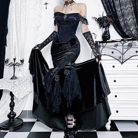Gothic Black Rose Embroidered Fishtail Maxi Skirt