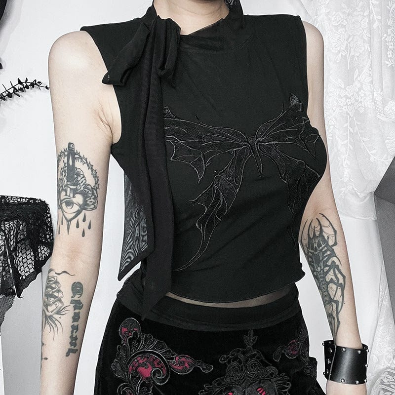 Gothic Butterfly Embroidered Lace-up Tank Top