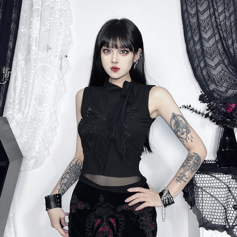 Gothic Butterfly Embroidered Lace-up Tank Top