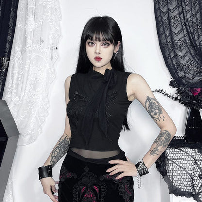 Gothic Butterfly Embroidered Lace-up Tank Top