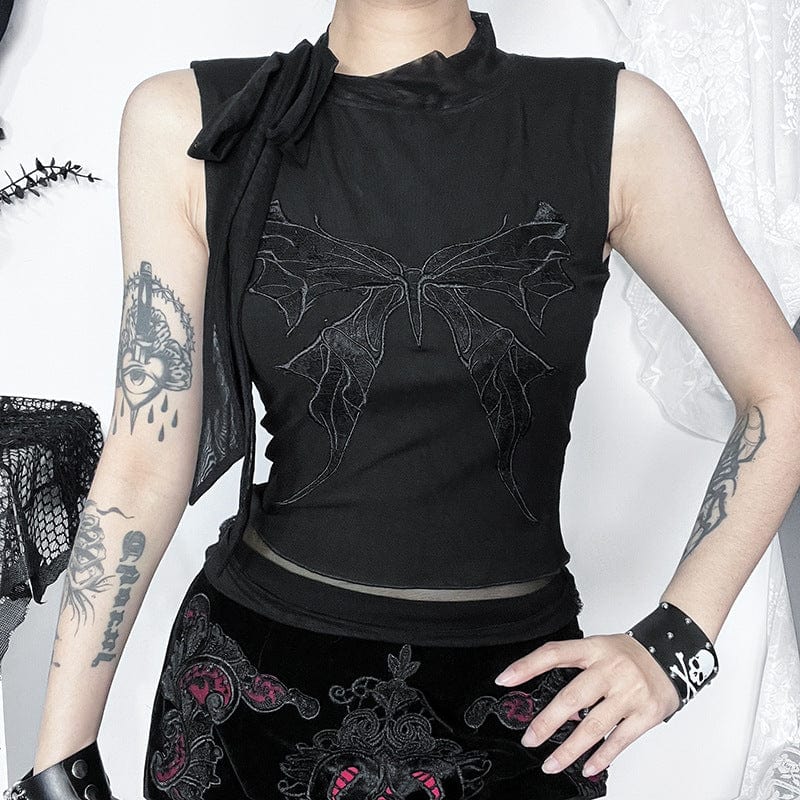 Gothic Butterfly Embroidered Lace-up Tank Top