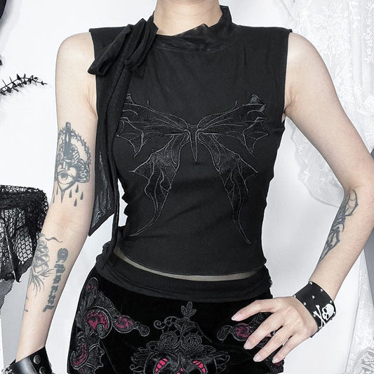 Gothic Butterfly Embroidered Lace-up Tank Top