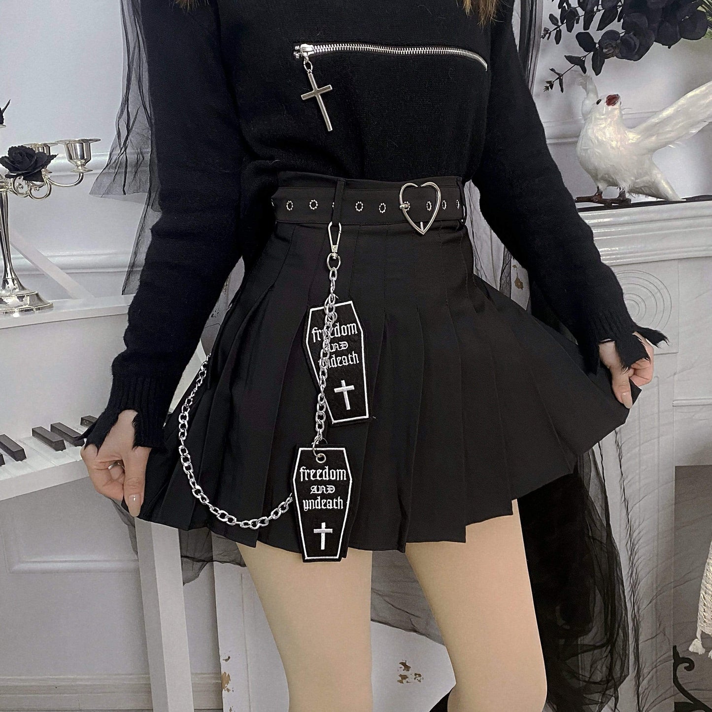 Gothic Coffin Cross Pleated Skirts With Belts