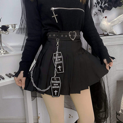 Gothic Coffin Cross Pleated Skirts With Belts