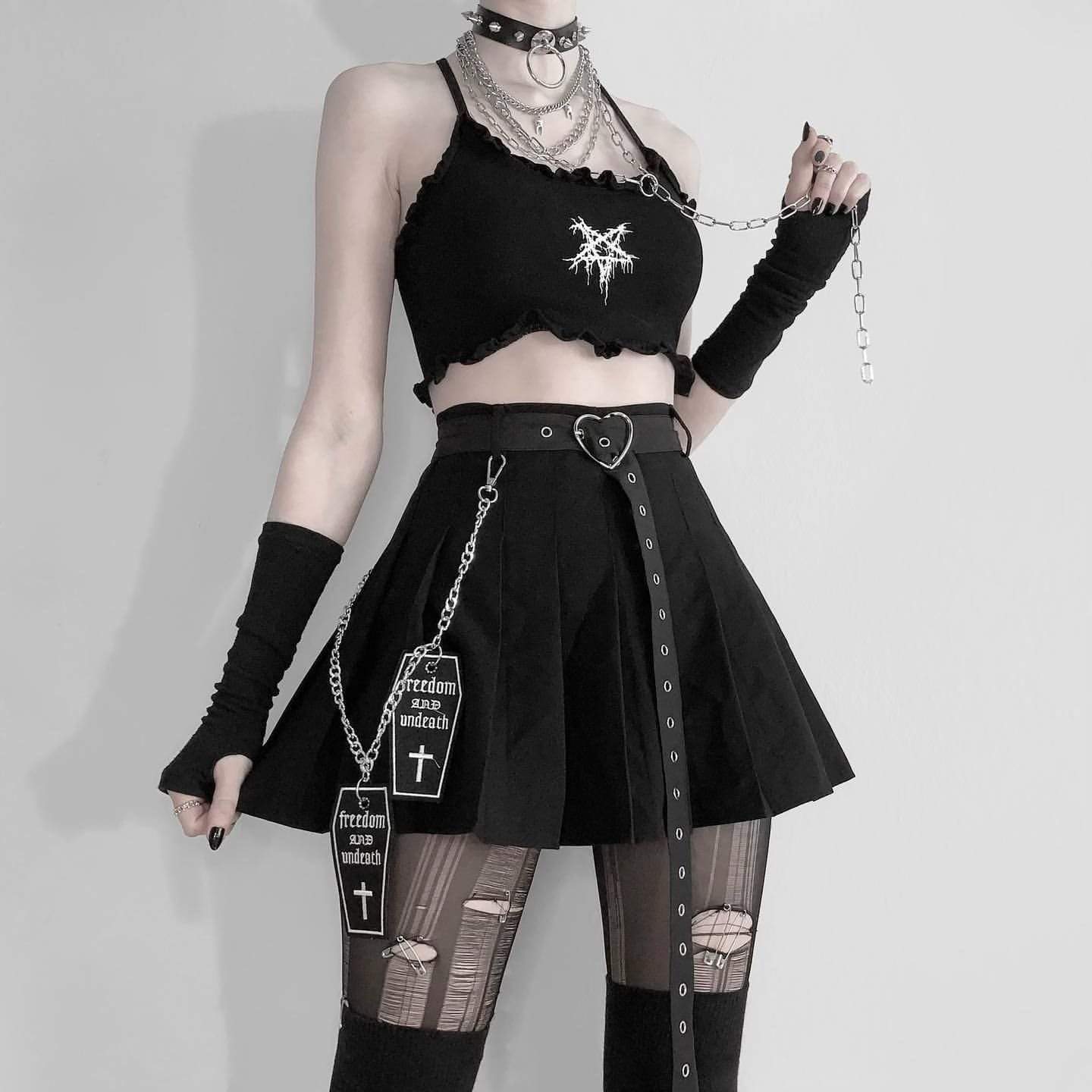 Gothic Coffin Cross Pleated Skirts With Belts