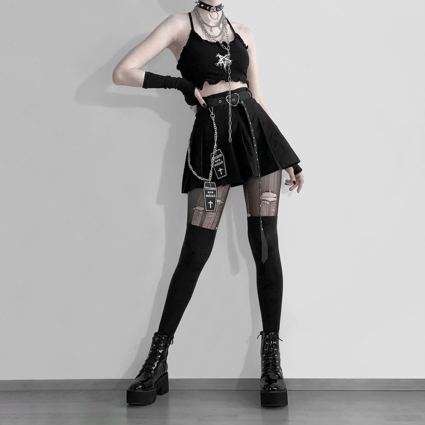 Gothic Coffin Cross Pleated Skirts With Belts