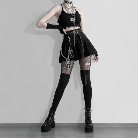 Gothic Coffin Cross Pleated Skirts With Belts