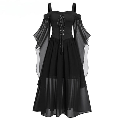 Gothic Contrast Color Flared Sleeved Witch Slip Dress