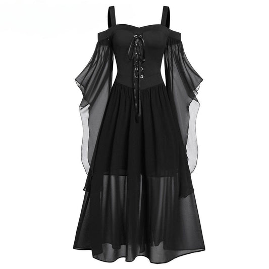 Gothic Contrast Color Flared Sleeved Witch Slip Dress