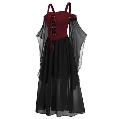 Gothic Contrast Color Flared Sleeved Witch Slip Dress