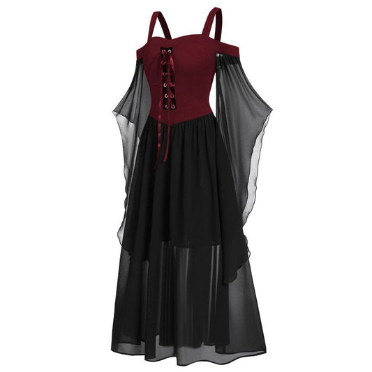 Gothic Contrast Color Flared Sleeved Witch Slip Dress