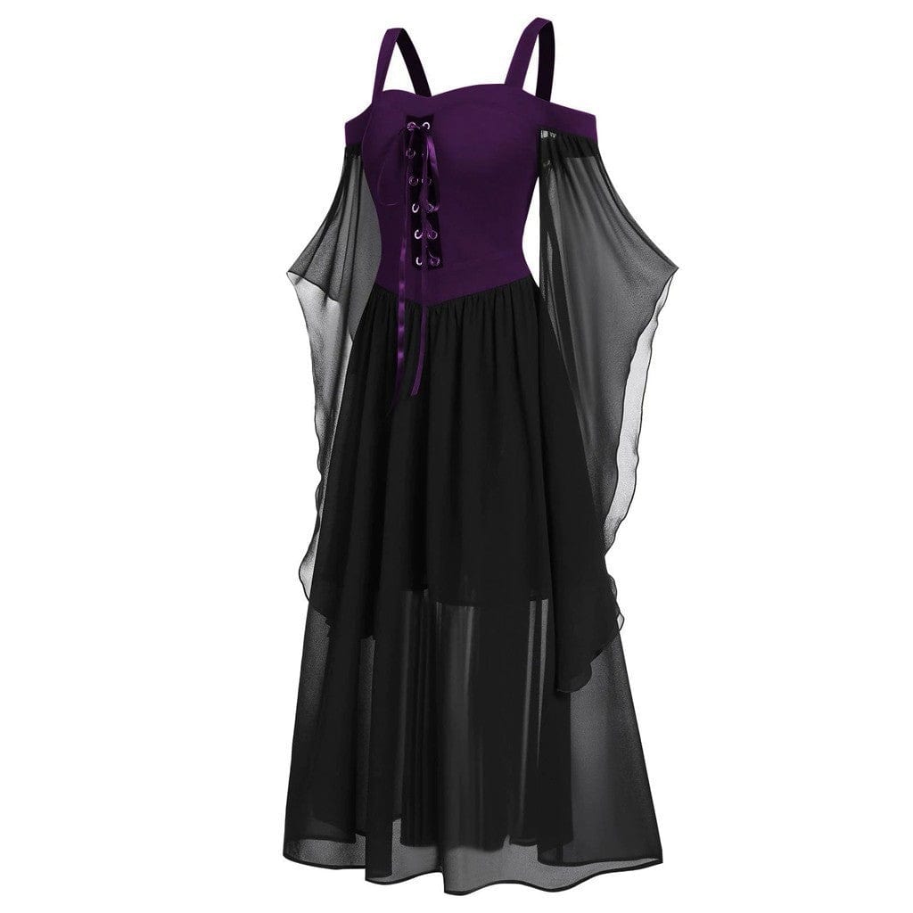 Gothic Contrast Color Flared Sleeved Witch Slip Dress