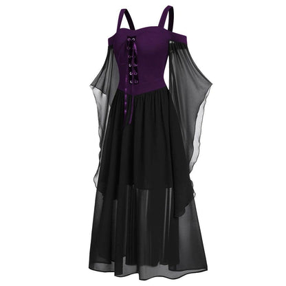 Gothic Contrast Color Flared Sleeved Witch Slip Dress