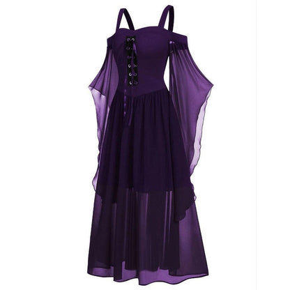 Gothic Contrast Color Flared Sleeved Witch Slip Dress