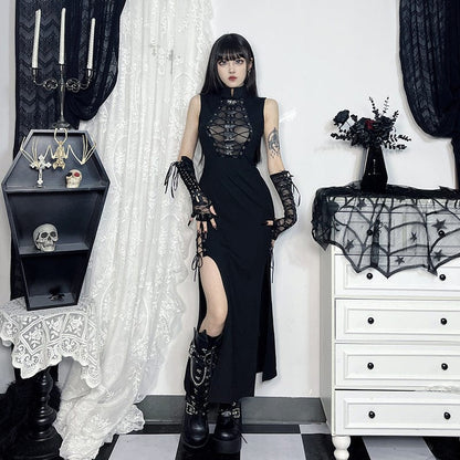 Gothic Cut-out Side Slit Mesh Maxi Dress