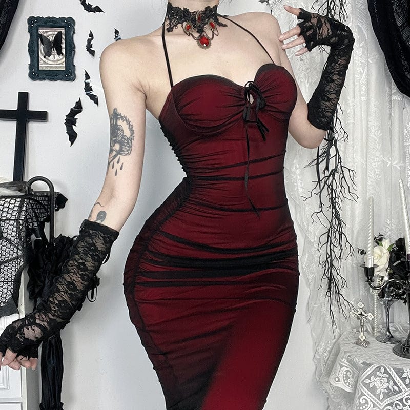 Gothic Drawstring Mesh Splice Fishtail Dress