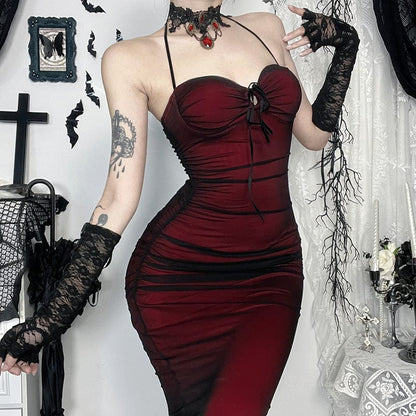 Gothic Drawstring Mesh Splice Fishtail Dress