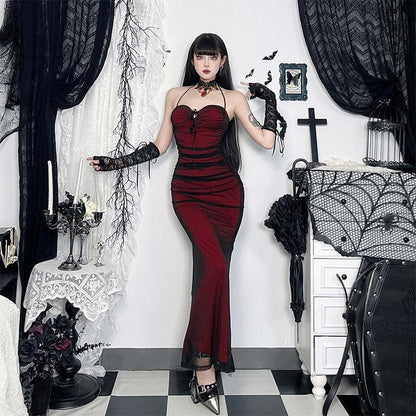 Gothic Drawstring Mesh Splice Fishtail Dress