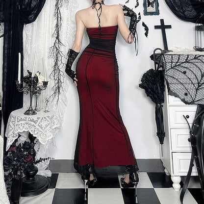 Gothic Drawstring Mesh Splice Fishtail Dress