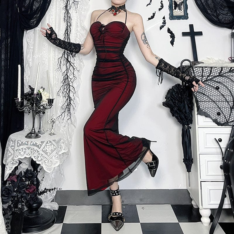 Gothic Drawstring Mesh Splice Fishtail Dress