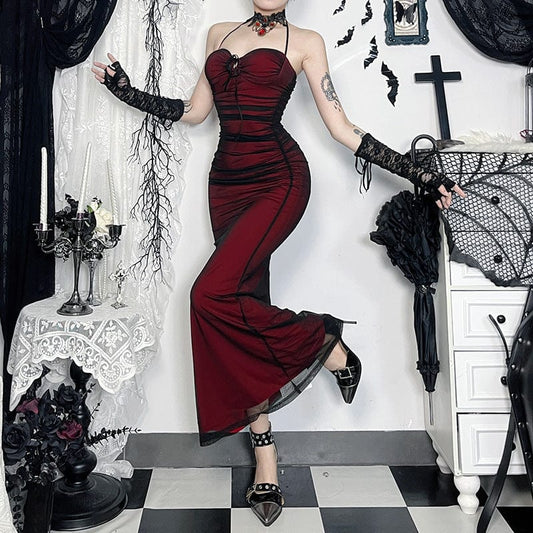 Gothic Drawstring Mesh Splice Fishtail Dress