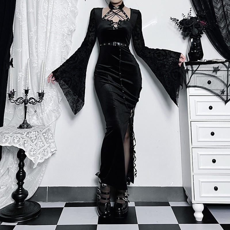 Gothic Flare Sleeved Velvet Slit Maxi Dress