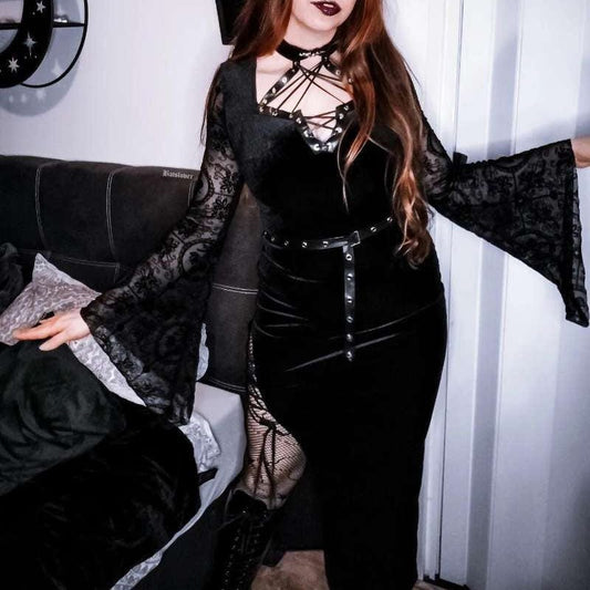 Gothic Flare Sleeved Velvet Slit Maxi Dress