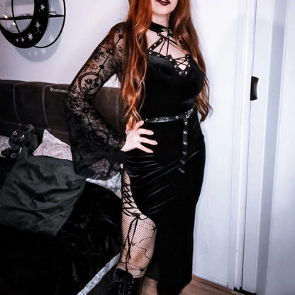 Gothic Flare Sleeved Velvet Slit Maxi Dress